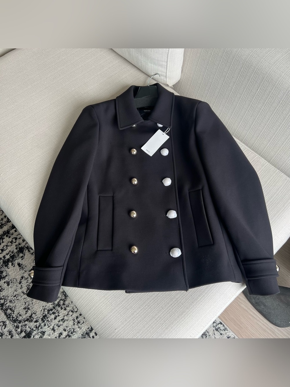 Mango Double-Breasted Black Pea Coat with Gold-Tone Buttons